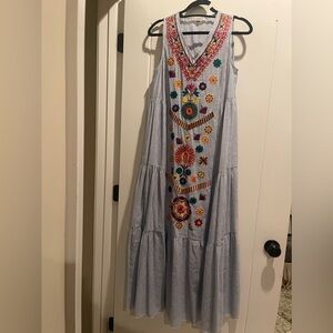 Embroidered blue and white striped dress
